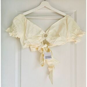 Monday Beachwear Womens Medium Ivory Cropped ACAPULCO TOP 100% LINEN WRAP TIE